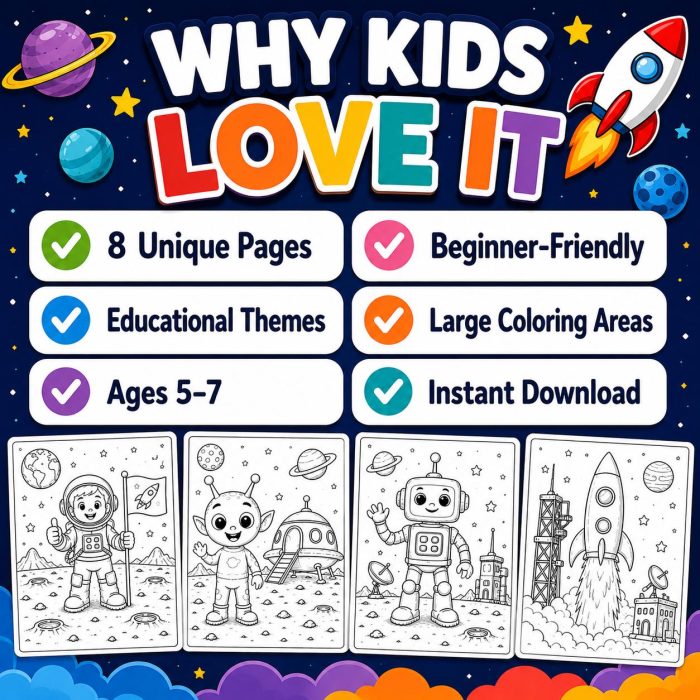 Astronaut Alien Rocket Coloring Pages for Kids Ages 5-7, Space Adventure Printable PDF, Homeschool Activity - Image 8