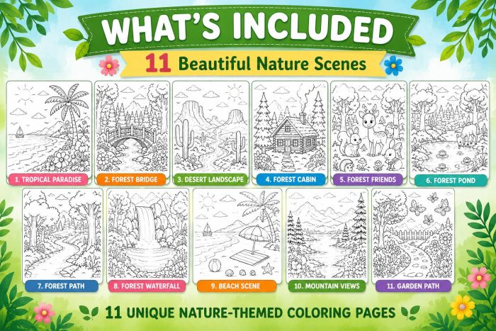 Nature Coloring Pages for Kids,11 Scenes,Printable PDF ,Forest, Beach&Desert  Instant Download - Image 2