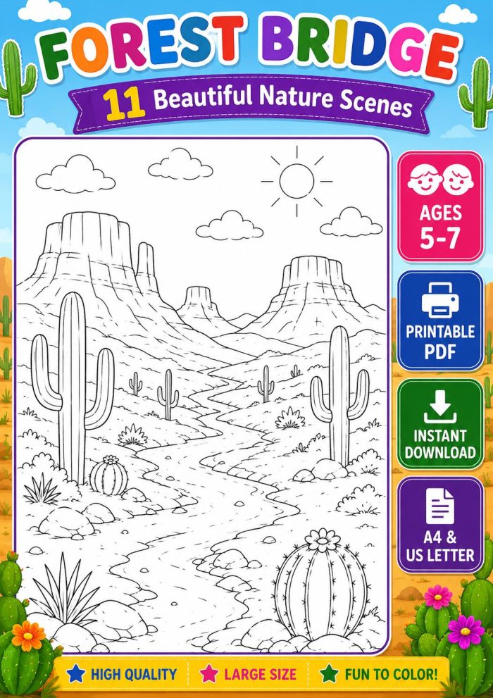Nature Coloring Pages for Kids,11 Scenes,Printable PDF ,Forest, Beach&Desert  Instant Download - Image 13